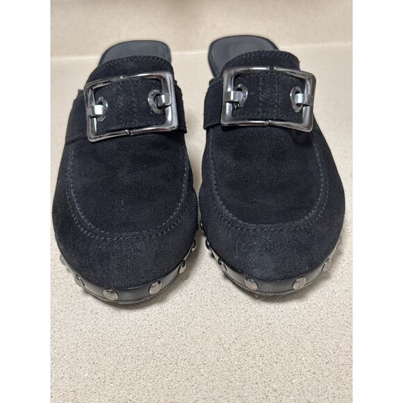 Y2K Stuart Weitzman Black Suede Heeled Studded Buckle Heeled Mules Size 7.5 - Picture 4 of 9